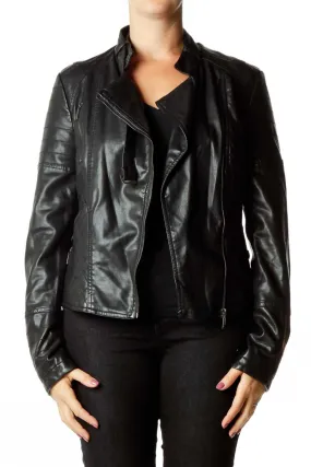 Black Faux-Leather Quilt Detailed Jacket